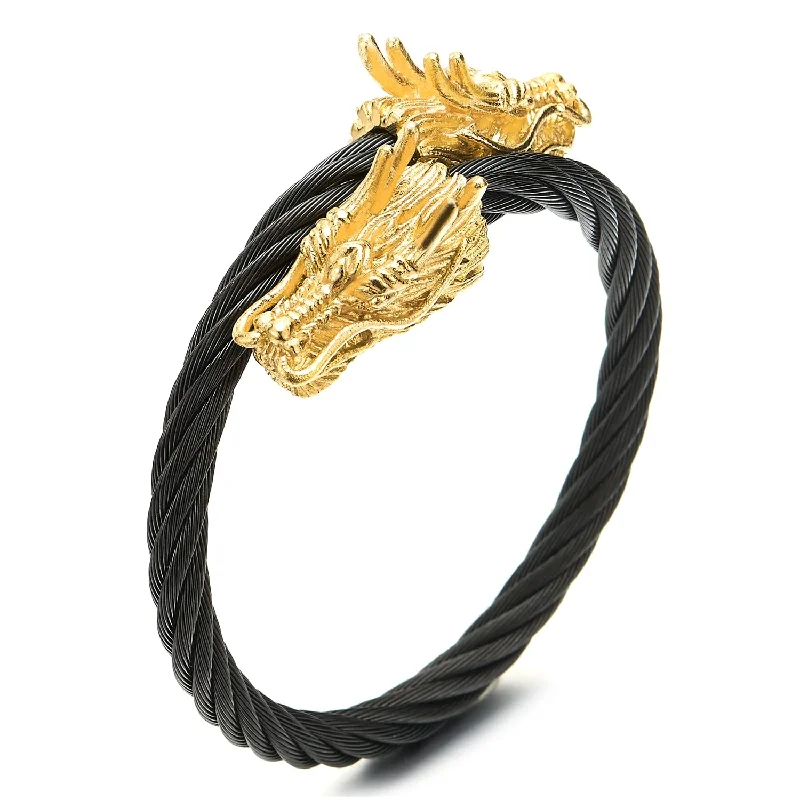 Adjustable Stainless Steel Mens Black Cuff Bangle Bracelet with Gold Color Dragons