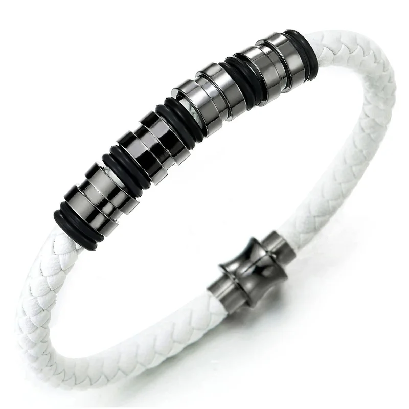 Mens Women White Braided Leather Bangle Bracelet with Stainless Steel Bead String and Magnetic Clasp