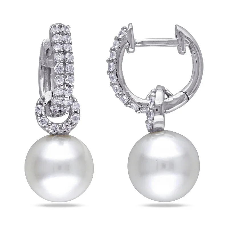 Miadora Sterling Silver White Freshwater Pearl and Cubic Zirconia Drop Clip Earrings (8 - 8.5mm)