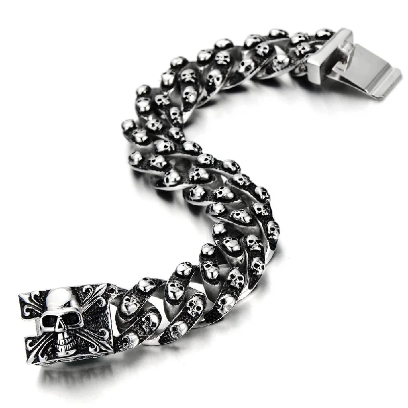 Gothic Retro Style Mens Large Stainless Steel Curb Chain Bracelet with Skulls