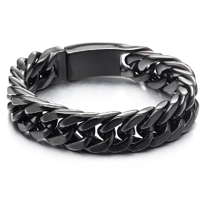 Masculine Mens Stainless Steel Large Black Curb Chain Bangle Bracelet, Polished