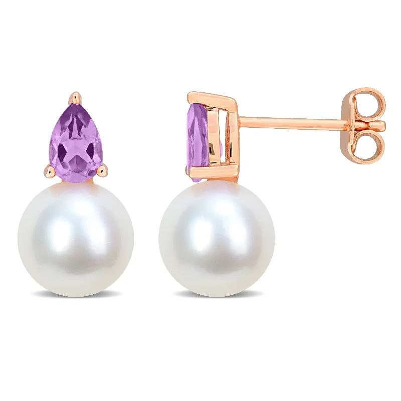 Miadora 3/4ct TGW Amethyst and 8.5-9mm Cultured Freshwater Pearl Earrings Rose Silver - 15.5 mm x 8.7 mm x 8.7 mm