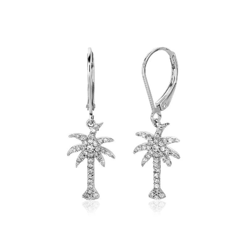 Sterling Silver Palm Tree Dangle Earrings with Cubic Zirconias