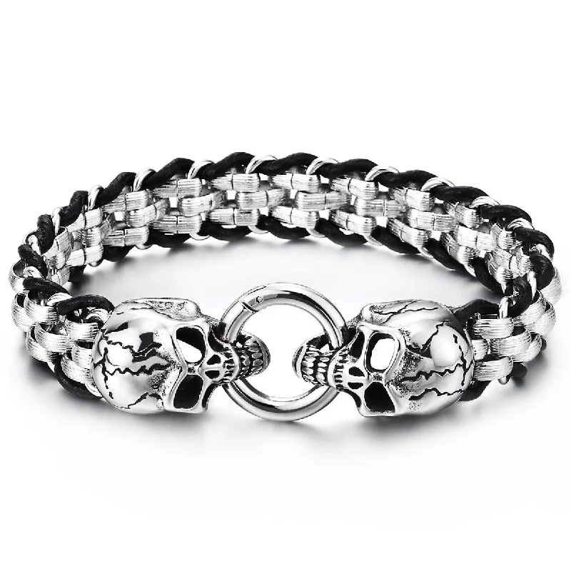 Mens Stainless Steel Skulls Link Chain Black Leather Interwoven Bracelet with Spring Ring Clasp