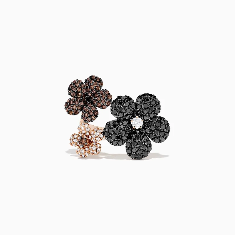 14K Rose Gold Black, Espresso & White Diamond Flower Ring, 2.47 TCW