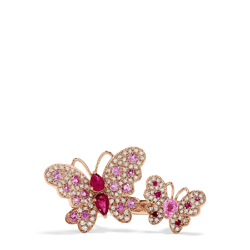 Nature 14K Rose Gold Ruby, Sapphire & Diamond Butterfly Ring, 1.81 TCW