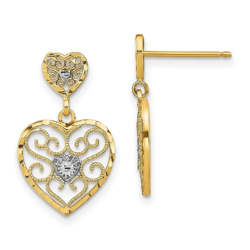 Curata 10k Yellow Gold Rhodium Love Heart Beaded Filigree Guardian Angel Earrings - 21.12x12.36mm