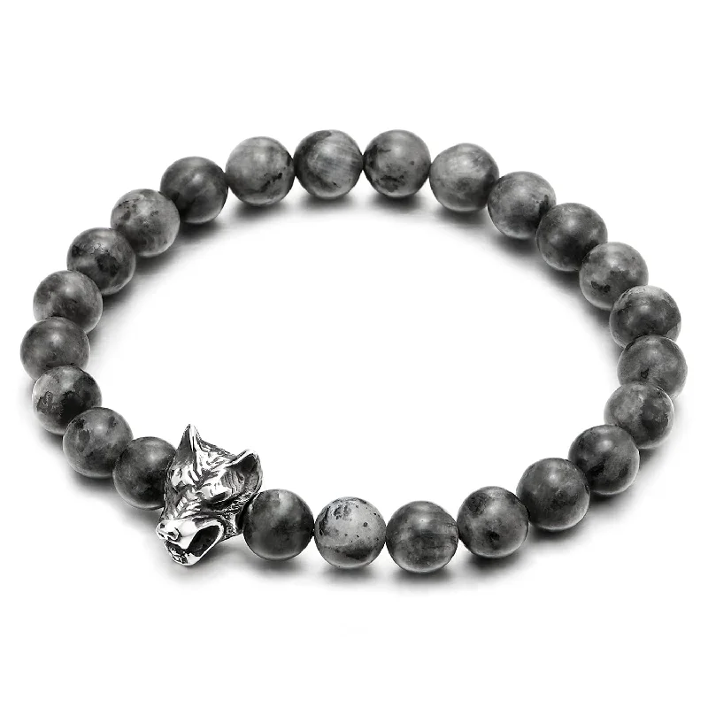 Mens 8MM Black Gem Stones Bracelet with Stainless Steel Wolf Head Charm, Stretchable