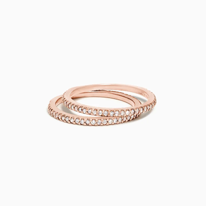 14K Rose Gold Pave Diamond Band, Set of Two