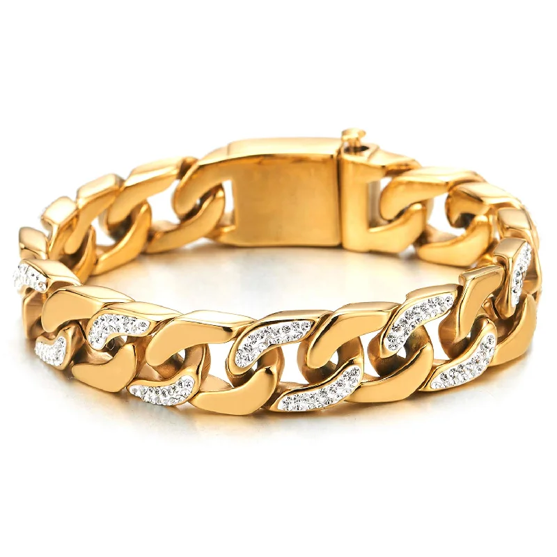 Men's Stainless Steel Curb Chain Bracelet High Polished with Cubic Zirconia