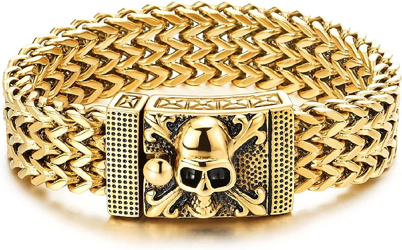 COOLSTEELANDBEYOND Mens Stainless Steel Curb Chain Bracelet with Pirate Skulls Clasp, Gold Color, Large Bracelet Franco Link