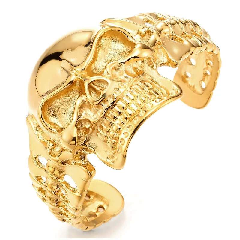 Heavy and Study Men Gold Color Steel Biker Skull Cuff Bangle Bracelet Silver Black Two-Tone Polished