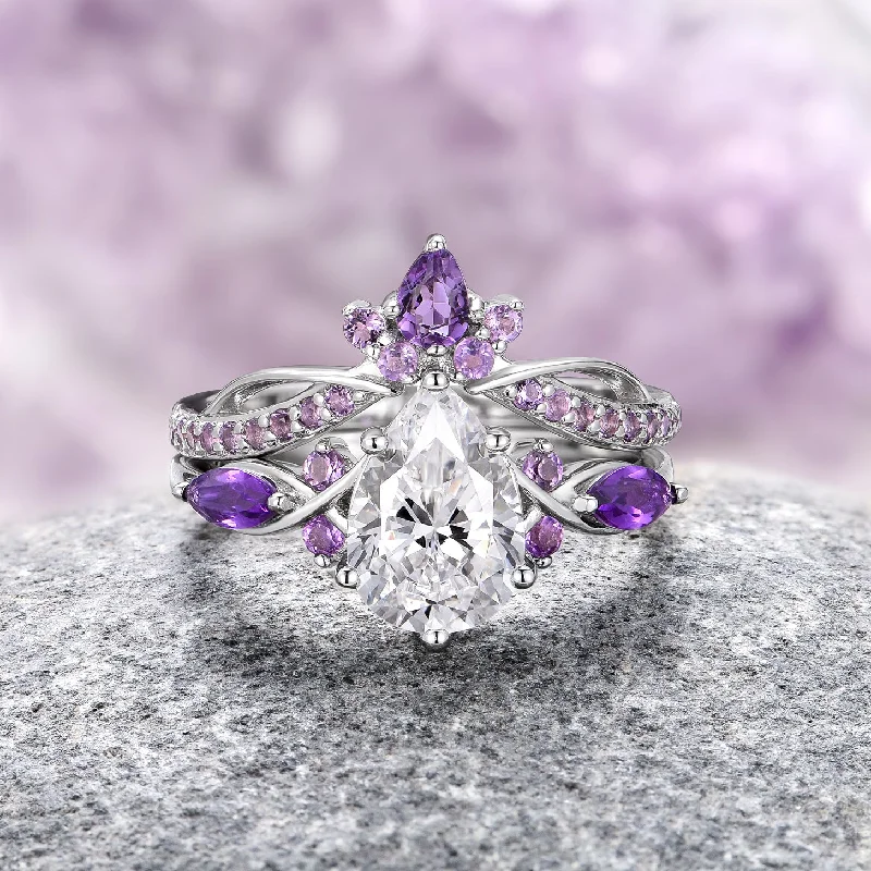 Feyre Natural Amethyst & Diamond (cz) Engagement Ring Set- Sterling Silver