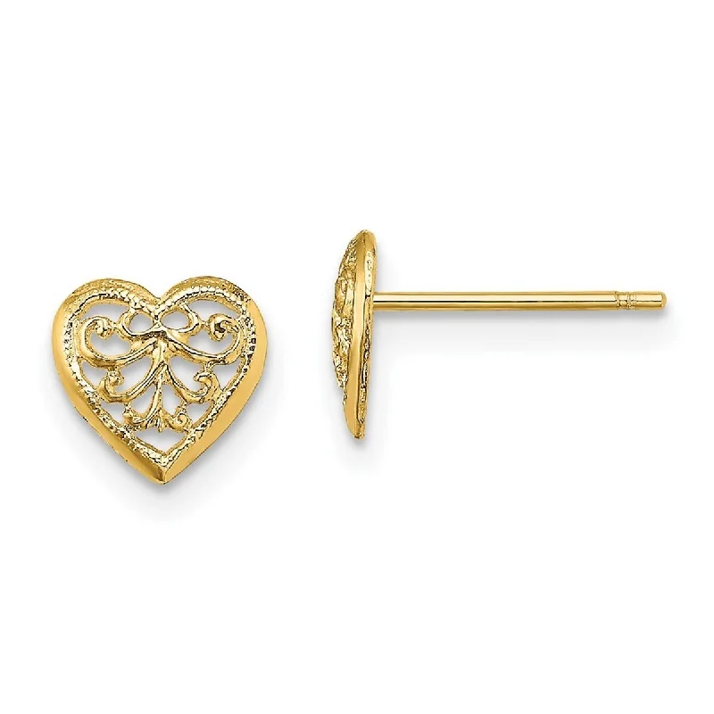 Curata 14k Yellow Gold 7.55mm Filigree Love Heart Post Earrings