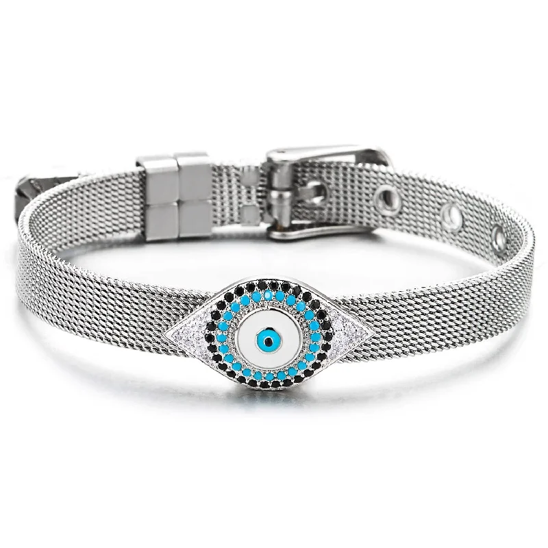 Women Evil Eye Bracelet, Grid Mesh Bangle, Buckle Clasp