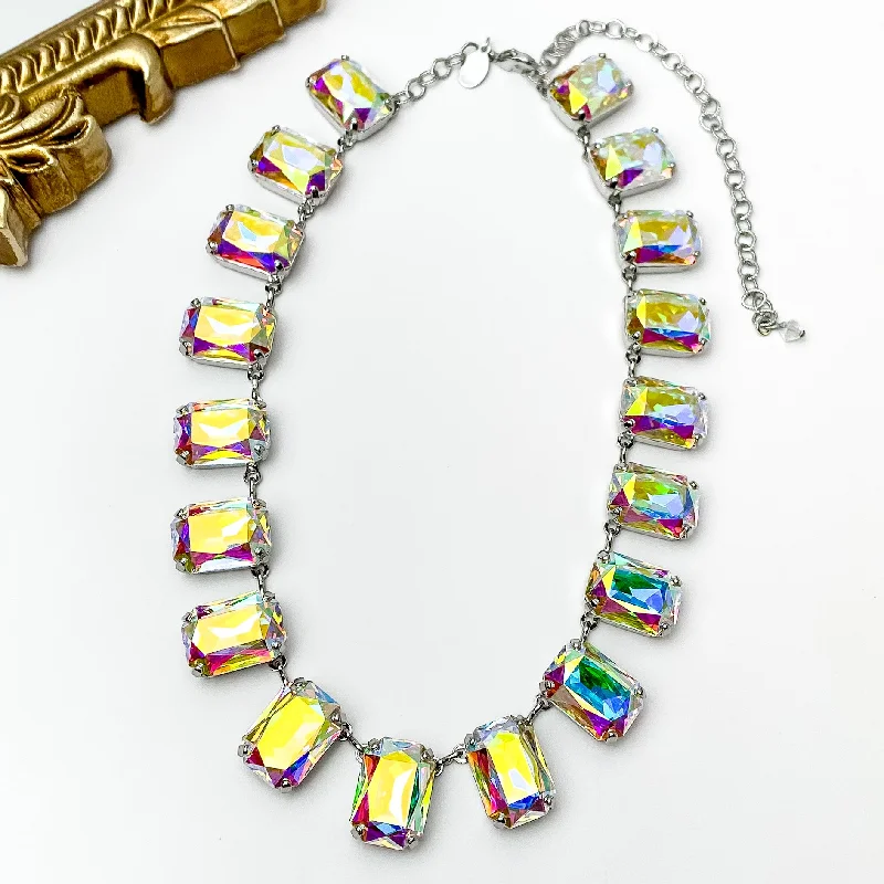 Sorrelli | Julianna Emerald Crystal Statement Necklace in Palladium Silver Tone and Aurora Borealis