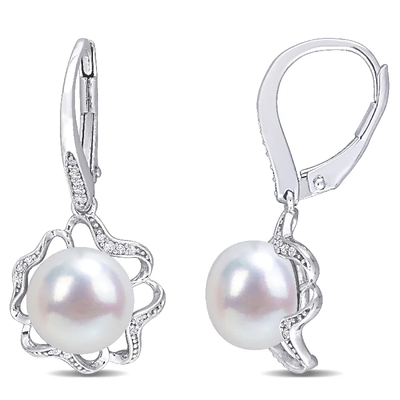 Miadora 9-9.5mm Cultured Freshwater Pearl and 1/10ct TDW Diamond Floral Leverback Earrings in Sterling Silver