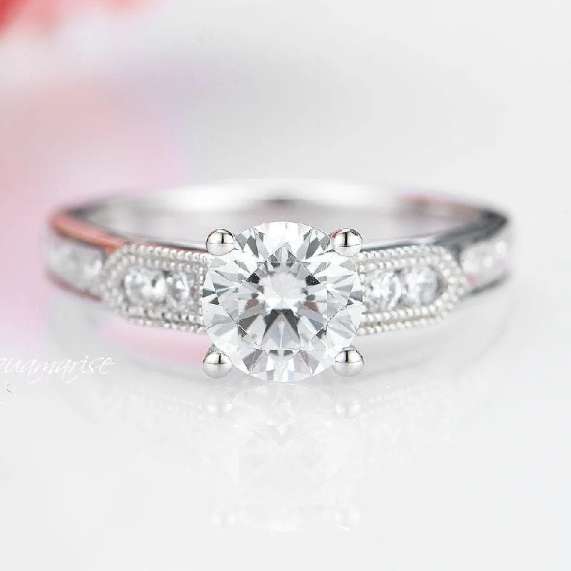 Round Cut Moissanite Engagement Ring- 14K White Gold Ring