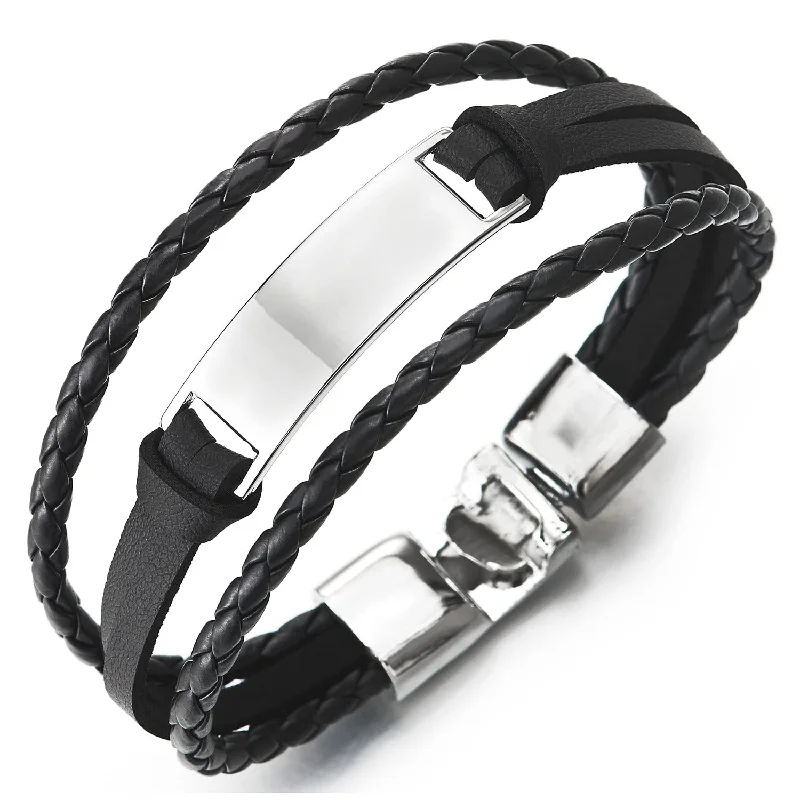 Three-Row Black Braided Leather Bracelet for Men Women, ID Identification Wrap Bracelet