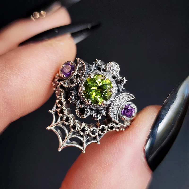 Juice of the Beetle - Peridot & Amethyst Cosmos & Spider Web Wedding Ring Set Sterling Silver - Black & White Diamond Gothic Engagement Ring