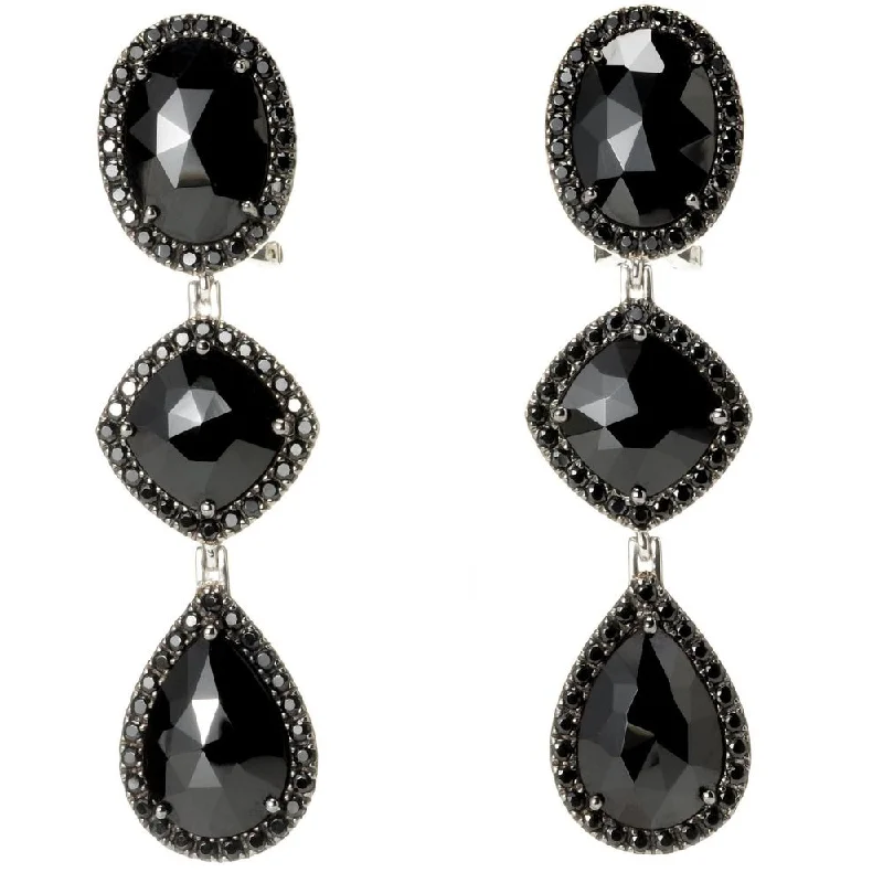 Platinum Over Sterling Silver 22ct TGW Black Spinel 3-tier Dangle Earrings