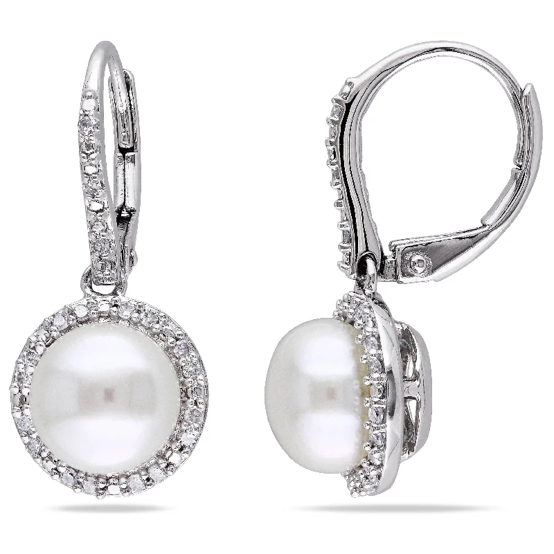 Miadora 8-8.5mm Japanese Akoya Cultured Pearl and 1/5 CT TW Diamond Halo Leverback Earrings in Sterling Silver