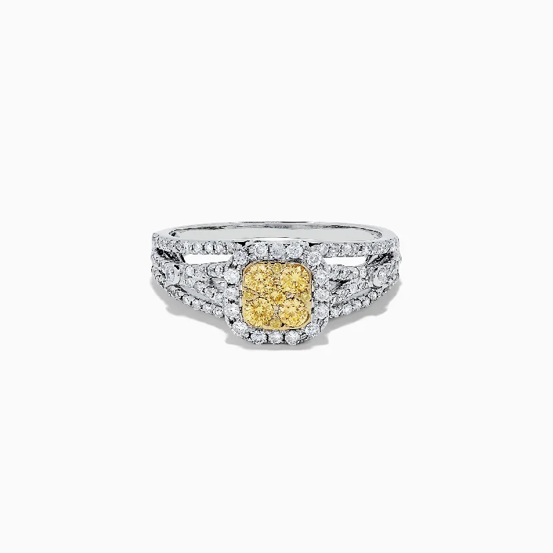 Canare 14K Two Tone Gold Cushion Shaped Cluster Yellow Diamond Ring, 0.72 TCW