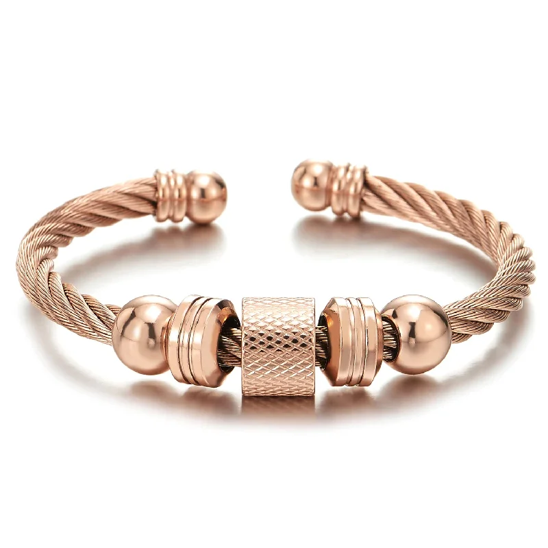 Rose Gold Steel Cuff Bangle Bracelet Men Women with Beads Charms, Polished, Adjustable