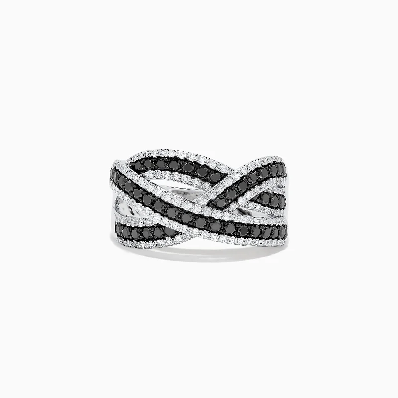 14K White Gold Black and White Diamond Cross Over Ring