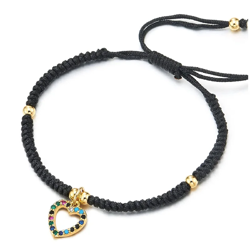 Womens Black Braided Cotton Rope Wrap Bracelet with Colorful Cubic Zirconia Heart Charm, Adjustable