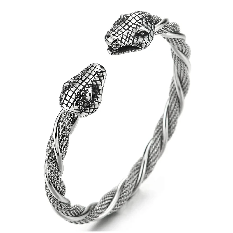 Men Women Steel Cobra Snake Open Cuff Bangle Twist Braided Cable Bracelet, Adjustable