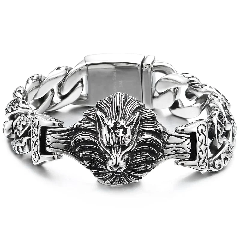 Mens Large Steel King Lion Head Tribal Tattoo Pattern Fancy Curb Chain Bracelet, Biker