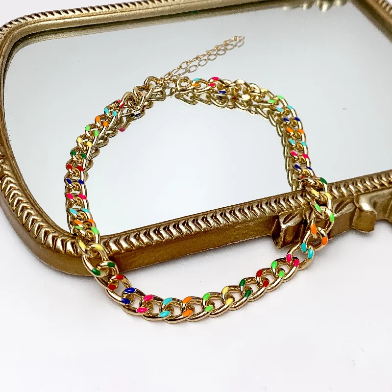 Gold Tone Chain With Accents of Multicolor