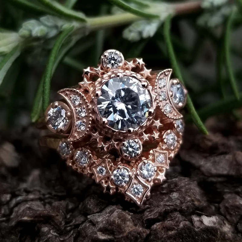 Diamond Cosmos Boho Engagement Ring Set - Diamond, Champagne Diamond, Black Diamond, Salt & Pepper Diamond or Moissanite Center Stone