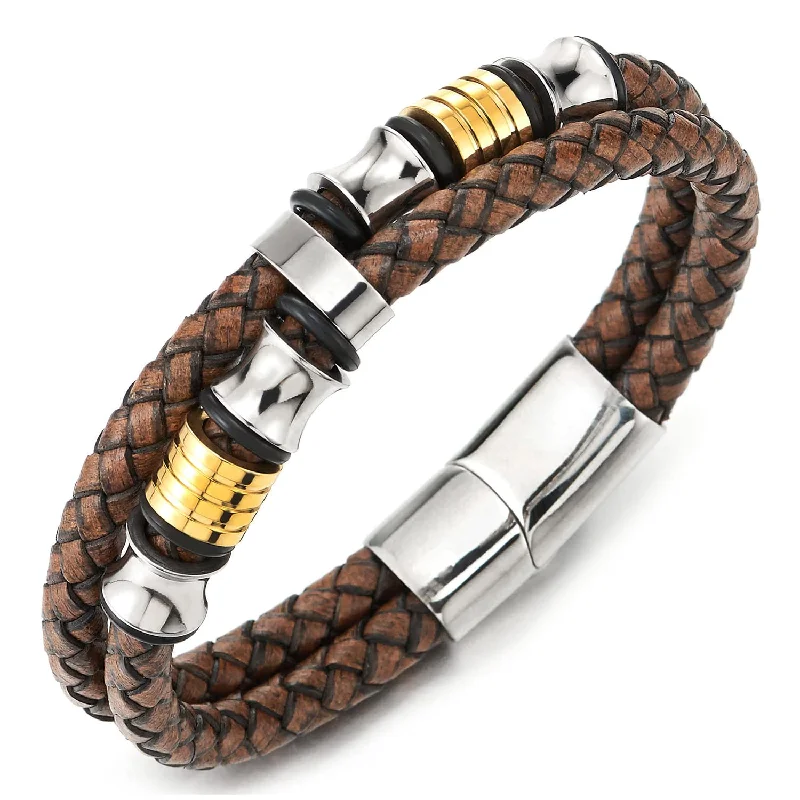 Men Double-Row Rough Rusty Brown Braided Leather Bracelet Bangle Wristband, Silver Gold Steel Ornament