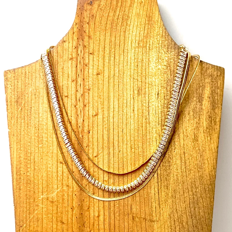 Triple Strand Gold Tone Herringbone Chain and Baguette Rhinestone Necklace