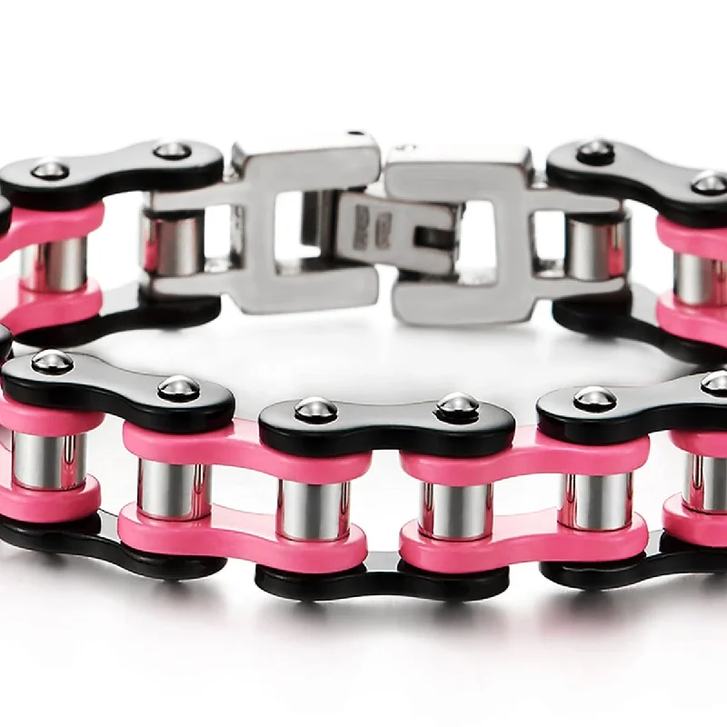 Ladies Stainless Steel Pink Black Motorcycle Bike Chain Bracelet with Buckle Clasp Polished