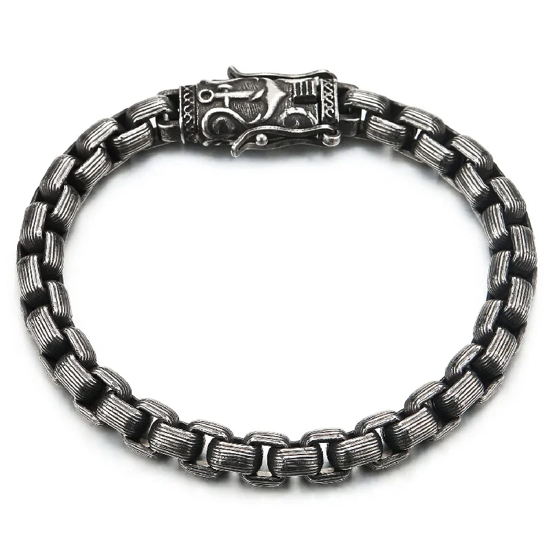 Mens Steel Stripes Link Chain Bracelet with Marine Anchor Click-on Clasp, Old Metal Finishing