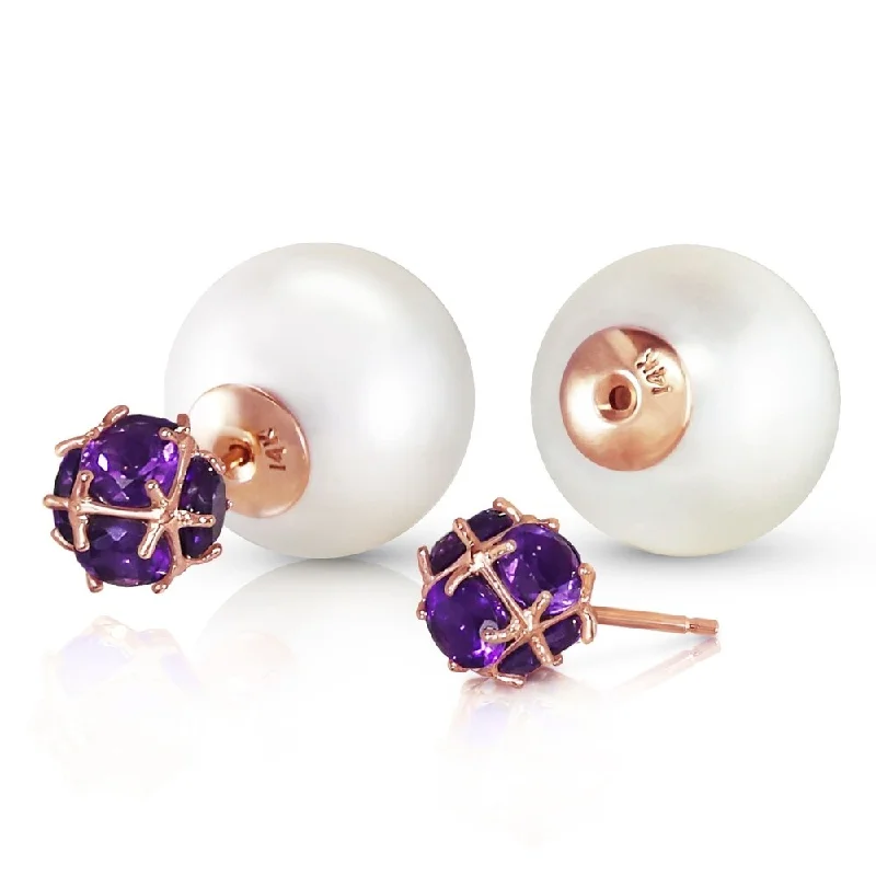 14K Solid Rose Gold Tribal Double Shell pearls and Amethysts Stud Earrings