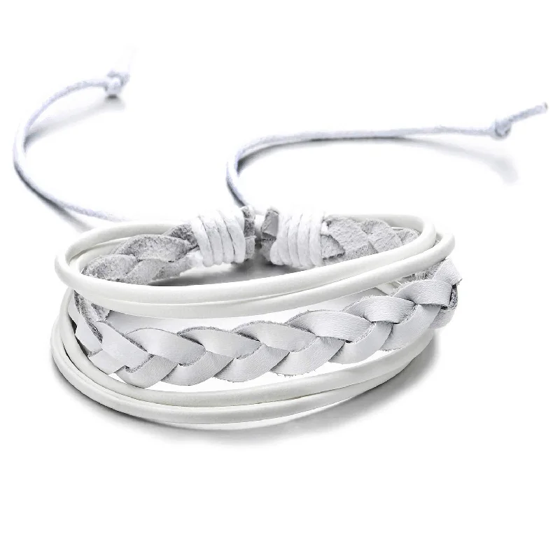 Mens Womens White Braided Leather Bracelet, Leather Wristband Wrap Bracelet, Adjustable