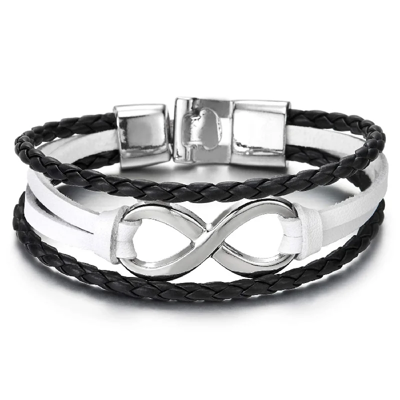 Men Women Infinity Love Number 8 White Black Braided Leather Bracelet, Three-Row Leather Wristband