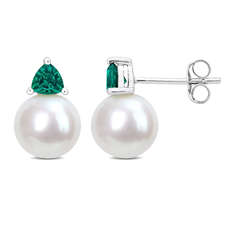 Miadora 8-8.5mm Cultured Freshwater Pearl and 2/5ct TGW Created Emerald Stud Earrings in 10k White Gold