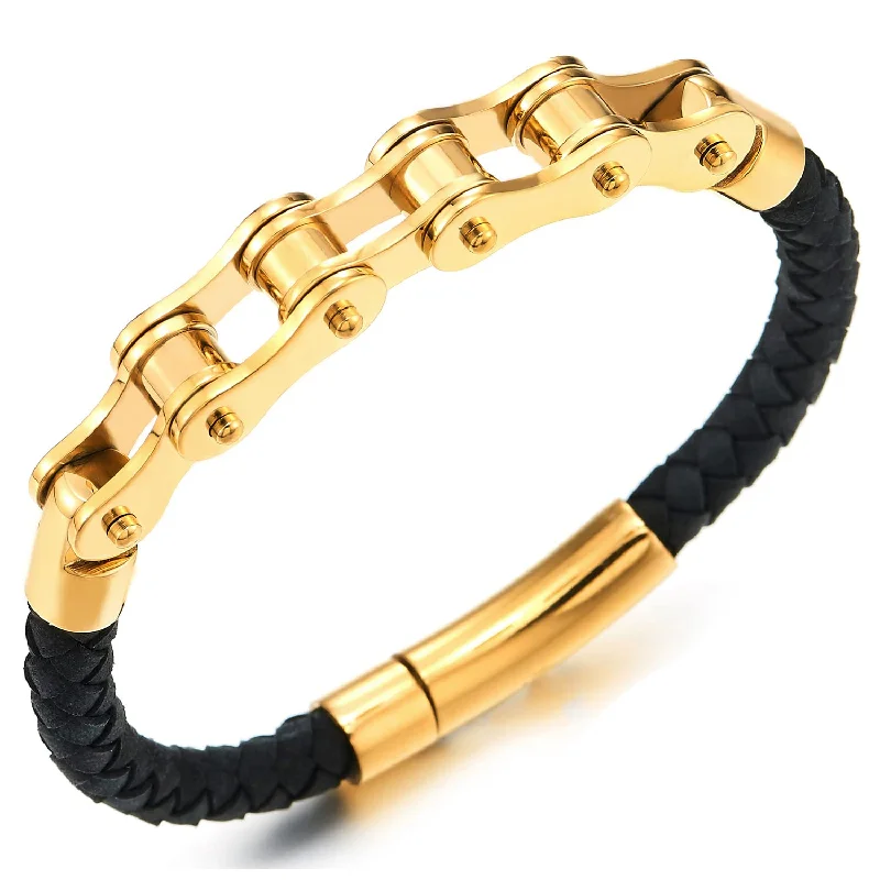 Mens Steel Gold Motorcycle Bike Chain Black Braided Leather Bangle Bracelet, Spring Clasp