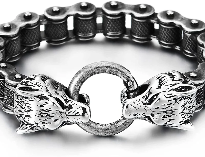 Retro Style Mens Steel Wolf Heads Checkered Diamond Pattern Bike Chain Bracelet, Spring Ring Clasp