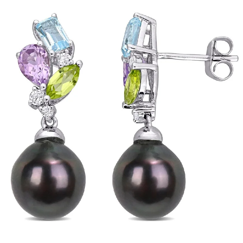 Miadora 10k White Gold Tahitian Cultured Pearl & Multi-gemstone Drop Earrings (9-9.5 MM)