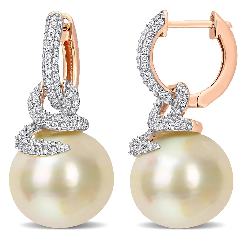 Miadora White South Sea Cultured Pearl & 1/2ct TDW Diamond Swirl Hoop Earrings in 14k Rose Gold