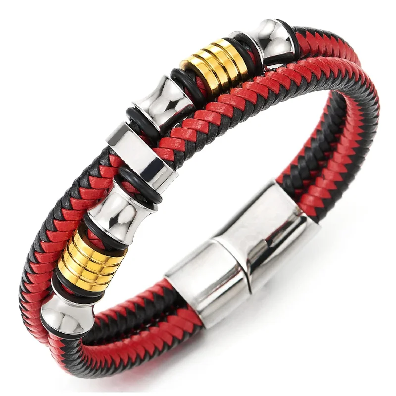 Mens Double-Row Black Red Braided Leather Bracelet Bangle Wristband with Silver Gold Steel Ornaments