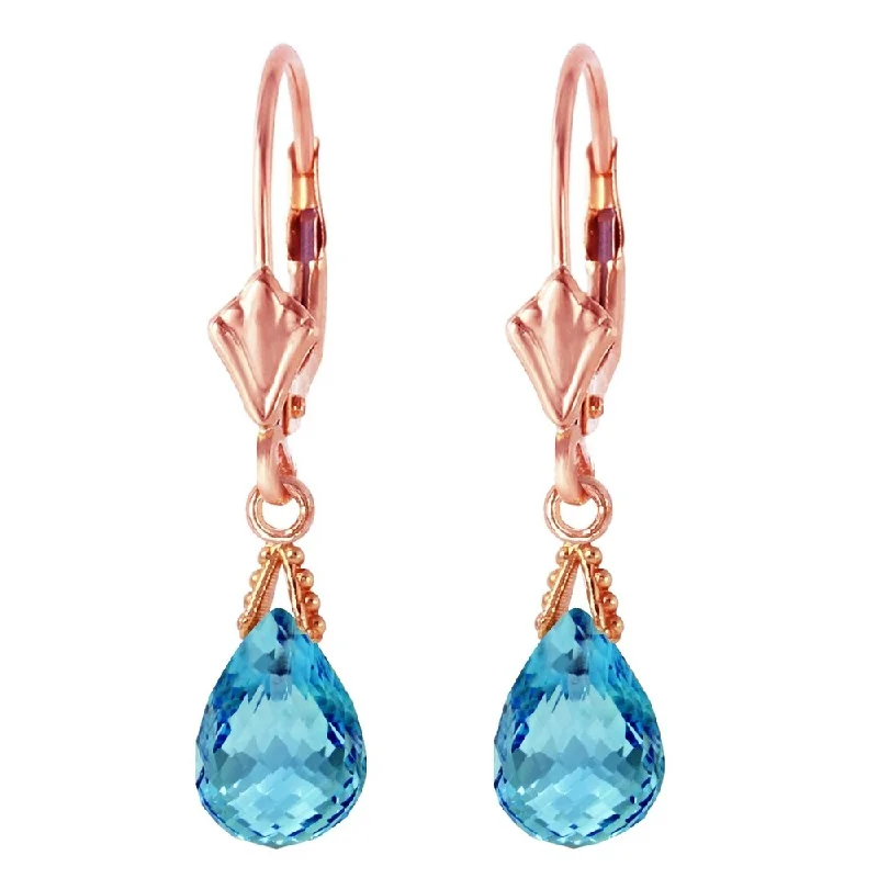 4.5 CTW 14K Solid Rose Gold Leverback Earrings Briolette Blue Topaz