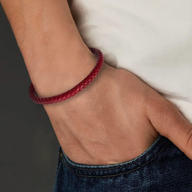 COOLSTEELANDBEYOND Minimalist Mens Women Red Leather Bracelet, Thin Braided Leather Bangle, Steel Oval Magnetic Clasp