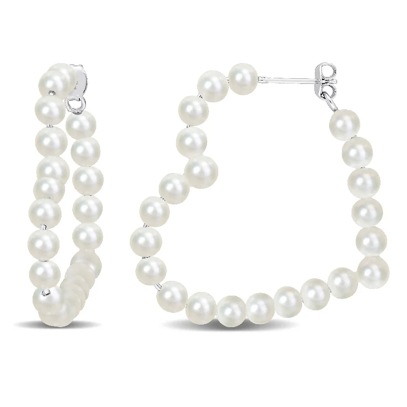 Miadora 5.5-6mm Cultured Freshwater Pearl Open Heart Hoop Earrings in Sterling Silver - 36 mm x 4.8 mm x 4.8 mm